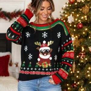 99 Jane Street Ugly Christmas Sweater Pug Santa Reindeer Holiday Knit Women's S